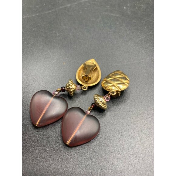 Gold Tone and Frosted Hearts Dangles Clip On Earrings Long Statement Earrings - Picture 5 of 6